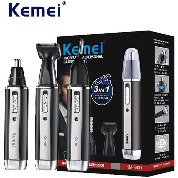 KM-6631 3-in-1 Professional Rechargeable Nose & Ear Hair Trimmer Personal Care Tools for Men